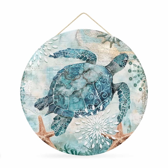 Round Welcome Sign for Front Door, Coastal Sea Turtle Hanging Metal Farmhouse Wall Decor for Porch Entryway, Teal Nautical Beach Starfish Vintage Decoration for Holiday Housewarming Gift, 12 in