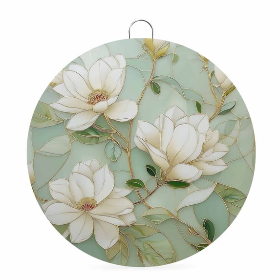 Round Welcome Sign for Front Door, Country Flowers Hanging Metal Farmhouse Wall Decor for Porch Entryway, Green Magnolia Flowers Rustic Botanical Decoration for Holiday Housewarming Gift, 8 in