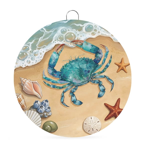 Round Welcome Sign for Front Door, Crab Seaside Hanging Metal Farmhouse Wall Decor for Porch Entryway, Coastal Waves Starfish Summer Beach Nautical Decoration for Holiday Housewarming Gift, 8 in