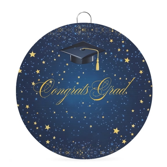 Round Welcome Sign for Front Door, Dark Blue Stars Graduation Hanging Metal Farmhouse Wall Decor for Porch Entryway, Modern Starry Congratulations Decoration for Holiday Housewarming Gift, 6 in