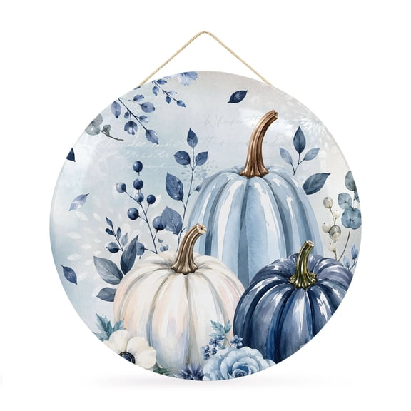 Round Welcome Sign for Front Door, Fall Blue Pumpkins Hanging Metal Farmhouse Wall Decor for Porch Entryway, Thanksgiving Floral Eucalyptus Berries Decoration for Holiday Housewarming Gift, 12 in