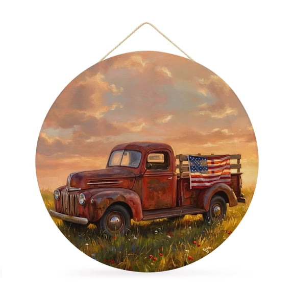 Round Welcome Sign for Front Door, Farmhouse Truck Hanging Metal Farmhouse Wall Decor for Porch Entryway, Rural Meadow Burnt Orange Sky Decoration for Holiday Housewarming Gift, 12 in