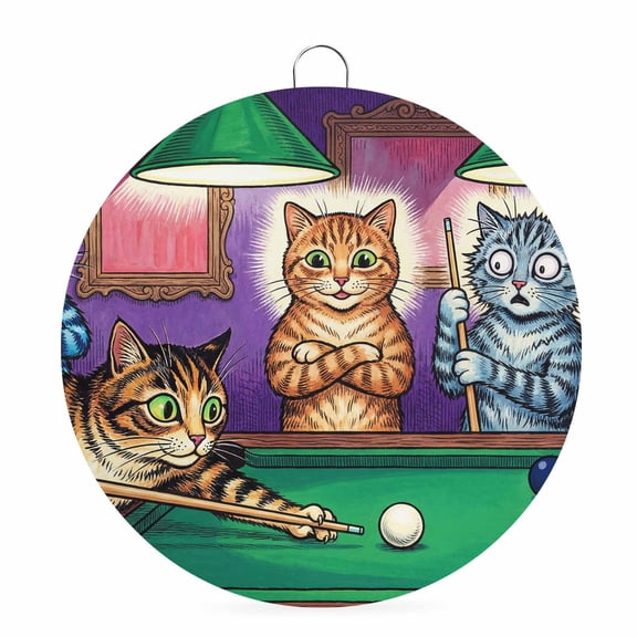 Round Welcome Sign for Front Door, Funny Cats Hanging Metal Farmhouse Wall Decor for Porch Entryway, Retro Abstract Art Cat Playing Billiards Decoration for Holiday Housewarming Gift, 8 in