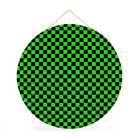Round Welcome Sign for Front Door, Green Black Plaid Hanging Metal Farmhouse Wall Decor for Porch Entryway, Farmhouse Rustic Abstract Checkered Decoration for Holiday Housewarming Gift, 12 in