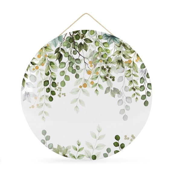 Round Welcome Sign for Front Door, Green Eucalyptus Leaves Hanging Metal Farmhouse Wall Decor for Porch Entryway, Summer Botanical Weeping Decoration for Holiday Housewarming Gift, 12 in