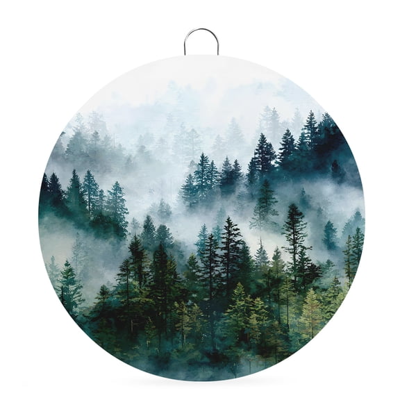 Round Welcome Sign for Front Door, Green Pine Trees Hanging Metal Farmhouse Wall Decor for Porch Entryway, Modern Country Nature Forest Landscape Decoration for Holiday Housewarming Gift, 6 in