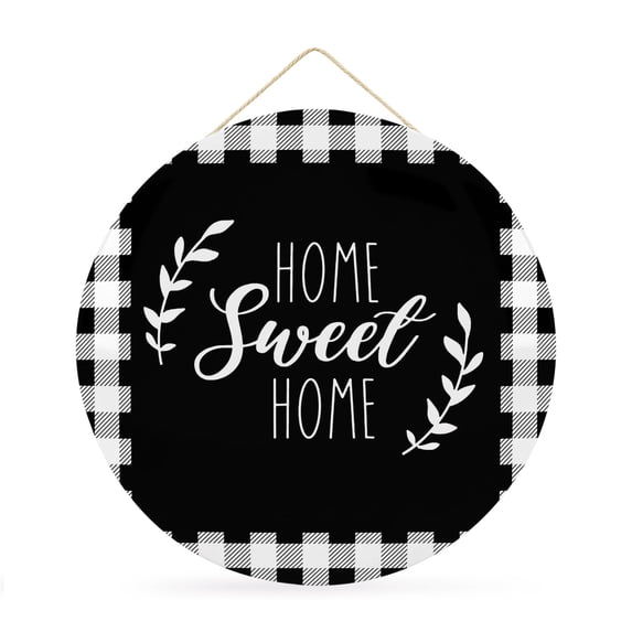 Round Welcome Sign for Front Door, Home Sweet Buffalo Plaid Hanging Metal Farmhouse Wall Decor for Porch Entryway, Farmhouse Black White Checker Decoration for Holiday Housewarming Gift, 12 in