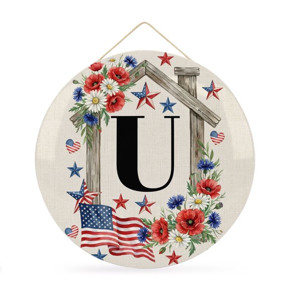 Round Welcome Sign for Front Door, Independence Day Hanging Metal Farmhouse Wall Decor for Porch Entryway, Letter U Monogram USA Star Stripes Flag Decoration for Holiday Housewarming Gift, 12 in