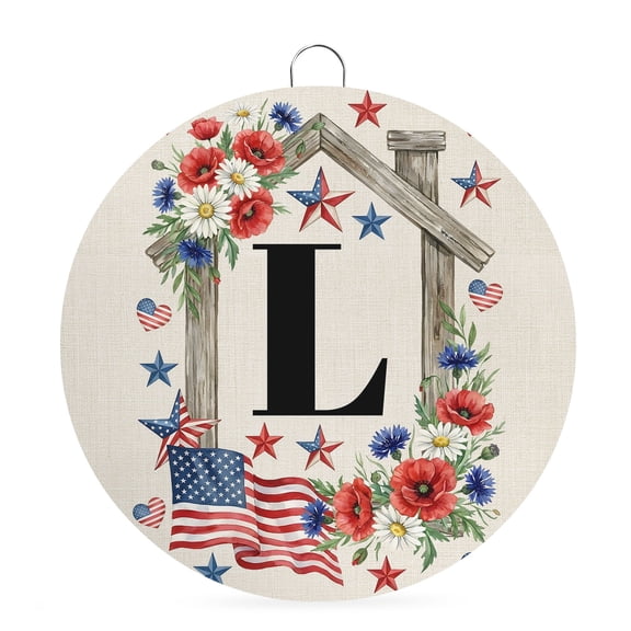 Round Welcome Sign for Front Door, Initial Letter L Hanging Metal Farmhouse Wall Decor for Porch Entryway, Monogram Patriotic USA Flag Floral Wood Decoration for Holiday Housewarming Gift, 6 in