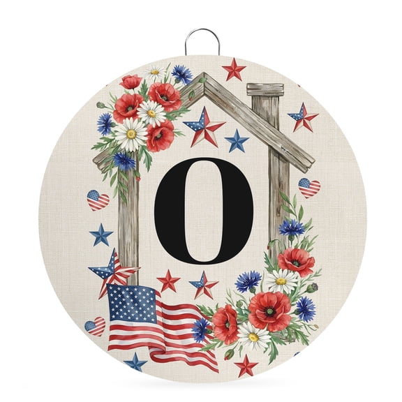 Round Welcome Sign for Front Door, Letter O Hanging Metal Farmhouse Wall Decor for Porch Entryway, USA Patriotic Star Stripe Flag Floral Wooden Beige Decoration for Holiday Housewarming Gift, 6 in
