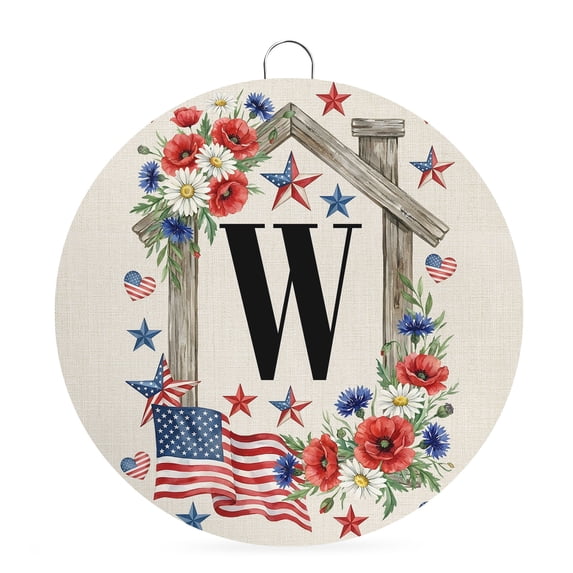 Round Welcome Sign for Front Door, Letter W Hanging Metal Farmhouse Wall Decor for Porch Entryway, Monogram Word America Flag Independence Day Decoration for Holiday Housewarming Gift, 8 in