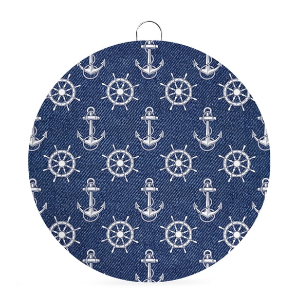Round Welcome Sign for Front Door, Navy Blue Anchor Nautical Hanging Metal Farmhouse Wall Decor for Porch Entryway, Coastal Summer Ocean Sea Decoration for Holiday Housewarming Gift, 6 in