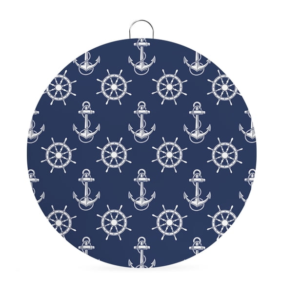 Round Welcome Sign for Front Door, Navy Blue Anchor Nautical Hanging Metal Farmhouse Wall Decor for Porch Entryway, Rudder Coastal Summer Ocean Decoration for Holiday Housewarming Gift, 6 in
