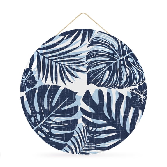Round Welcome Sign for Front Door, Navy Indigo Monstera Hanging Metal Farmhouse Wall Decor for Porch Entryway, Palm Tree Leaf Boho Botanical Tropical Decoration for Holiday Housewarming Gift, 12 in