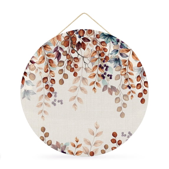 Round Welcome Sign for Front Door, Orange Eucalyptus Leaves Hanging Metal Farmhouse Wall Decor for Porch Entryway, Botanical Fall Rustic Beige Decoration for Holiday Housewarming Gift, 12 in