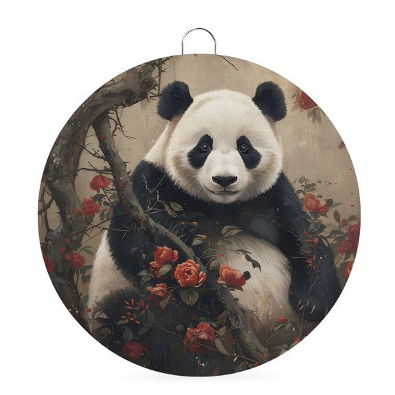 Round Welcome Sign for Front Door, Panda Hanging Metal Farmhouse Wall Decor for Porch Entryway, Red Roses Vintage Botanical Cute Animals Decoration for Holiday Housewarming Gift, 8 in