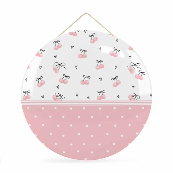Round Welcome Sign for Front Door, Pink Cherry Hanging Metal Farmhouse Wall Decor for Porch Entryway, Elegant Pastoral Farmhouse Art Polka Dots Decoration for Holiday Housewarming Gift, 12 in