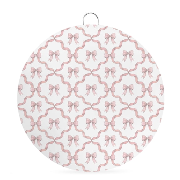 Round Welcome Sign for Front Door, Pink Ribbon Hanging Metal Farmhouse Wall Decor for Porch Entryway, Modern Abstract String Geometric Bows Decoration for Holiday Housewarming Gift, 8 in