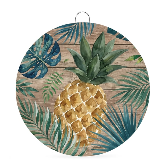 Round Welcome Sign for Front Door, Summer Pineapple Hanging Metal Farmhouse Wall Decor for Porch Entryway, Brown Wood Tropical Palm Monstera Leaves Decoration for Holiday Housewarming Gift, 6 in