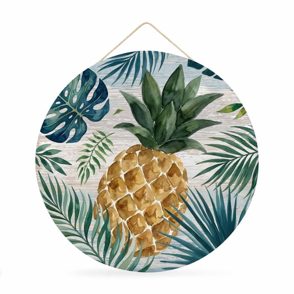 Round Welcome Sign for Front Door, Summer Pineapple Hanging Metal Farmhouse Wall Decor for Porch Entryway, Rustic Tropical Plam Leaf Monstera Leaves Decoration for Holiday Housewarming Gift, 12 in