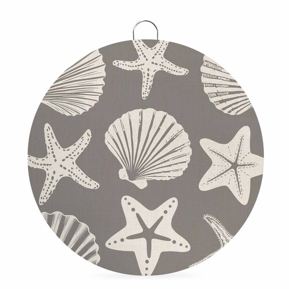 Round Welcome Sign for Front Door, Taupe Coastal Starfish Hanging Metal Farmhouse Wall Decor for Porch Entryway, Ocean Sea Shells Nautical Marine Decoration for Holiday Housewarming Gift, 6 in