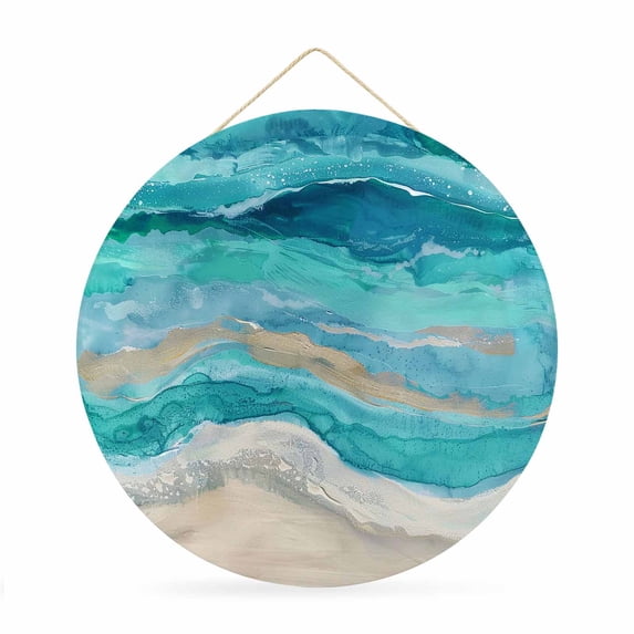 Round Welcome Sign for Front Door, Teal Coastal Hanging Metal Farmhouse Wall Decor for Porch Entryway, Summer Beach Nautical Abstract Art Decoration for Holiday Housewarming Gift, 12 in