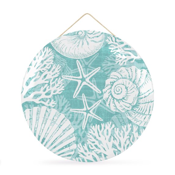 Round Welcome Sign for Front Door, Teal Green Starfish Coastal Hanging Metal Farmhouse Wall Decor for Porch Entryway, Summer Coral Shell Beach Nautical Decoration for Holiday Housewarming Gift, 12 in