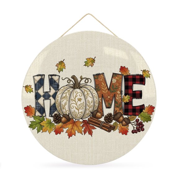 Round Welcome Sign for Front Door, Thanksgiving Hanging Metal Farmhouse Wall Decor for Porch Entryway, Fall Pumpkin Cones Maple Leaves Plaid Decoration for Holiday Housewarming Gift, 12 in