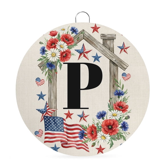 Round Welcome Sign for Front Door, USA Flag Letter P Hanging Metal Farmhouse Wall Decor for Porch Entryway, America Patriotic Floral Monogram Word Decoration for Holiday Housewarming Gift, 8 in