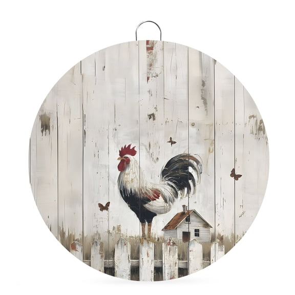 Round Welcome Sign for Front Door, Vintage White Rooster Hanging Metal Farmhouse Wall Decor for Porch Entryway, Wooden Retro Animals Farmhouse Art Decoration for Holiday Housewarming Gift, 6 in