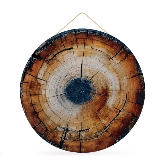 Round Welcome Sign for Front Door, Vintage Wooden Hanging Metal Farmhouse Wall Decor for Porch Entryway, Farmhouse Abstract Wood Grain Brown Blue Decoration for Holiday Housewarming Gift, 12 in