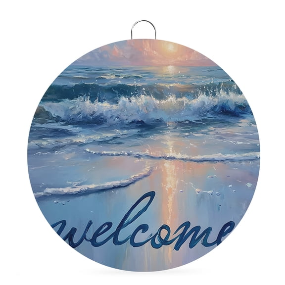 Round Welcome Sign for Front Door, Welcome Summer Beach Hanging Metal Farmhouse Wall Decor for Porch Entryway, Sunset Nautical Nature Decoration for Holiday Housewarming Gift, 8 in