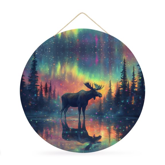 Round Welcome Sign for Front Door, Wilderness Animals Hanging Metal Farmhouse Wall Decor for Porch Entryway, Moose Silhouette Nature Landscape Decoration for Holiday Housewarming Gift, 12 in