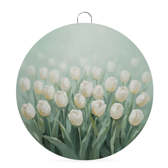 Round Welcome Sign, Sage Green Floral Spring Metal Wall Art Hanging Decoration, White Tulips Oil Painted Circlar Iron Sign Wall Decor for Front Door Home Porch Office Gifts, 6x6 In