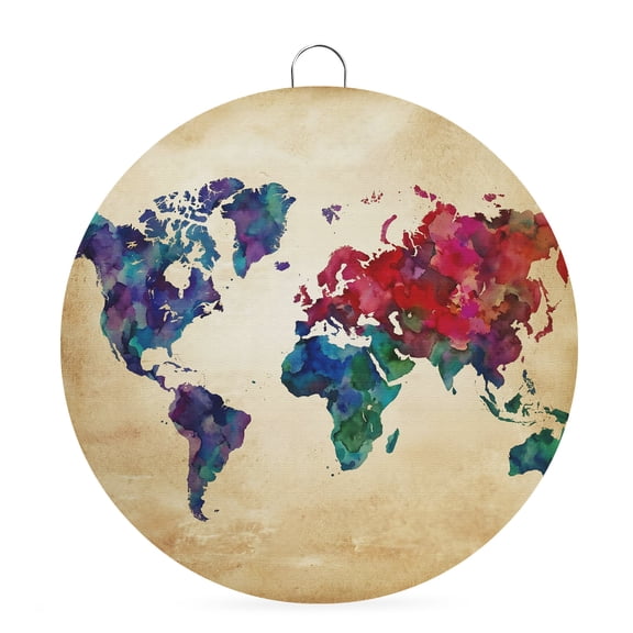 Round Welcome Sign, Vintage Map Metal Wall Art Hanging Decoration, Travel World Map Watercolor Splashes Circlar Iron Sign Wall Decor for Front Door Home Porch Office Gifts, 6x6 In