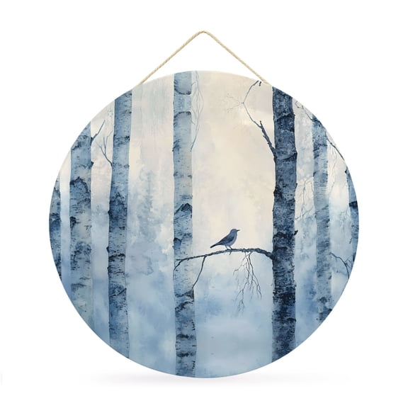 Round Welcome Sign, Winter Forest Metal Wall Art Hanging Decoration, Country Birch Tree Trunks Natural Scenery Circlar Iron Sign Wall Decor for Front Door Home Porch Office Gifts, 12x12 In