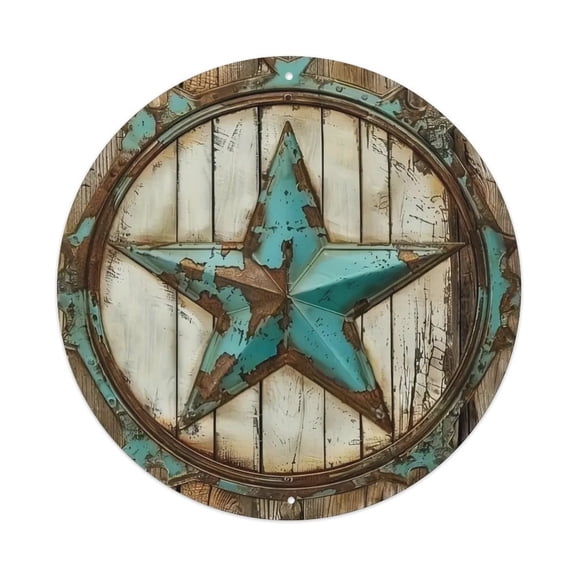 Round Western Texas Star Aluminum Metal Sign, 8 Inch Turquoise Distressed Wall Decor Plaque, Pre-Drilled for Easy Hanging, Flat Design