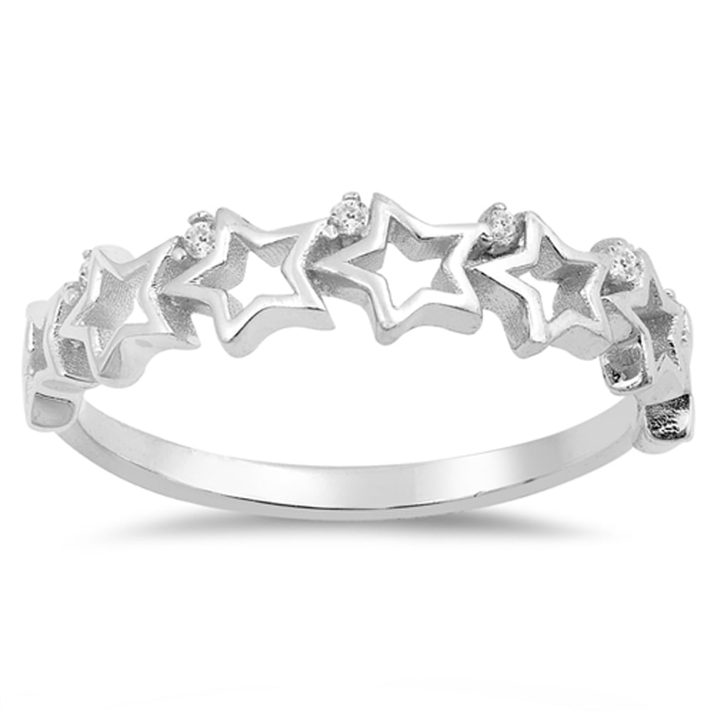 Round White CZ Stackable Cutout Star Ring .925 Sterling
