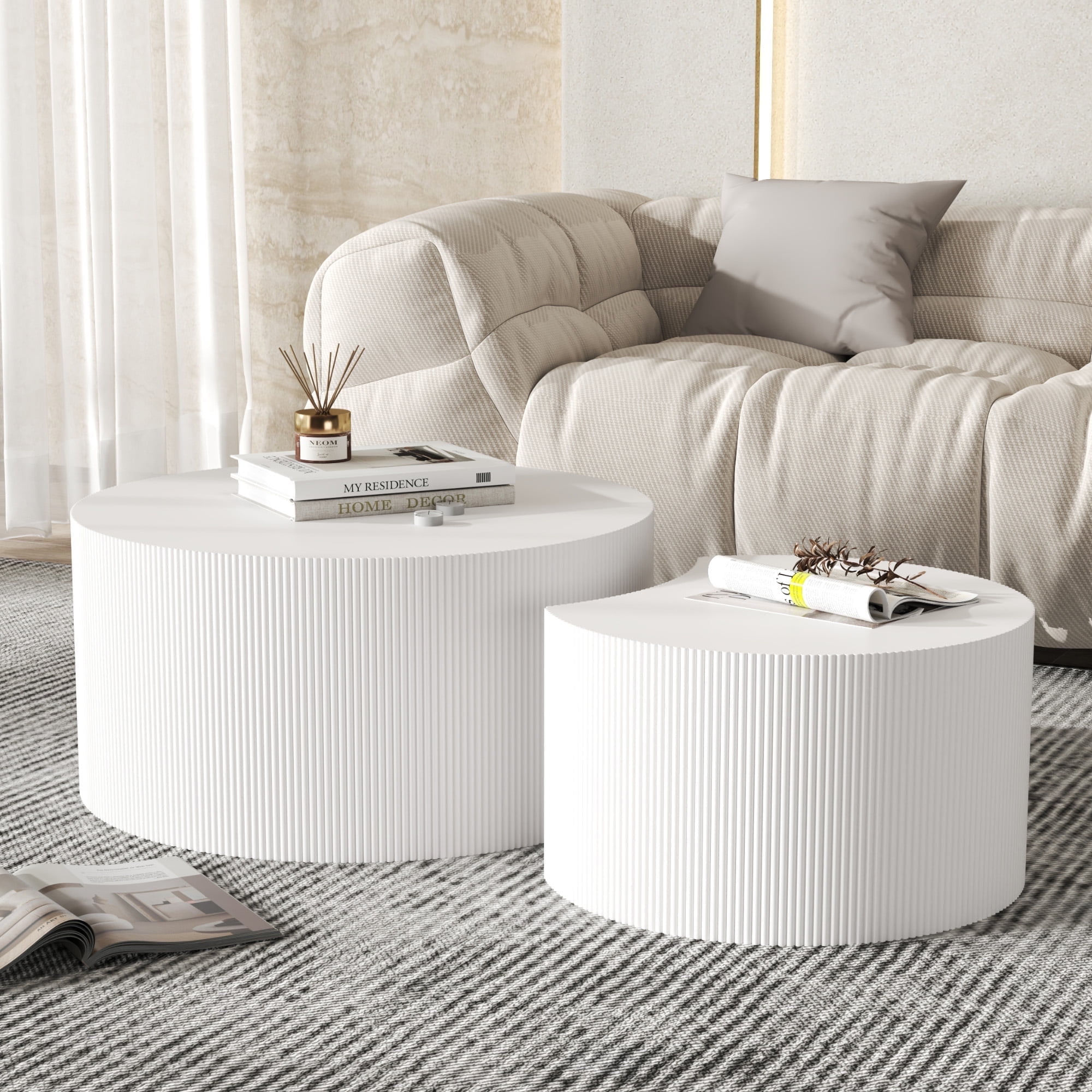Round White Coffee Table Set of 2, Modern Wooden Nesting Tables for ...