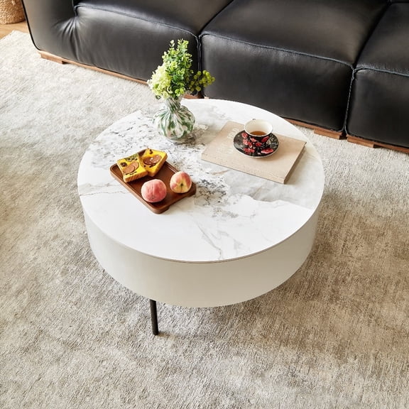Round White Coffee Table in Reall Wood Color with Sintered Stone Top and Golden Legs, Perfect for Living Room