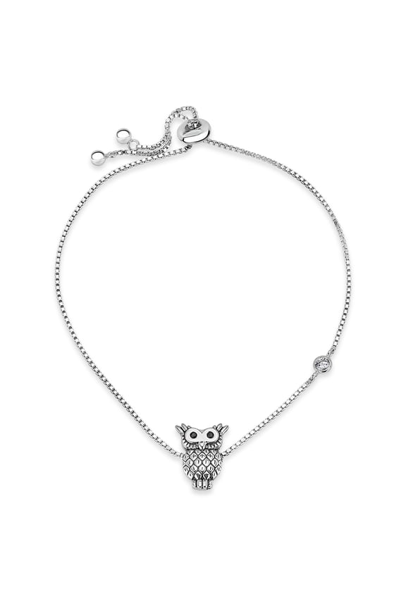 Round White Cubic Zirconia And Black Spinel Sterling Silver Oxidized Owl Adjustable Bracelet, 10"