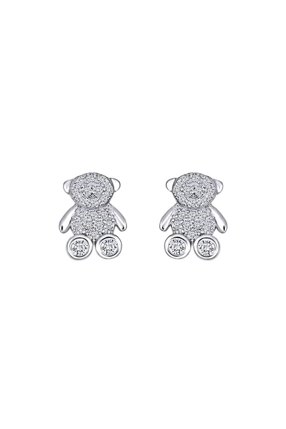 Round White Cubic Zirconia Bear Stud Earrings 14k White Gold Over Sterling Silver