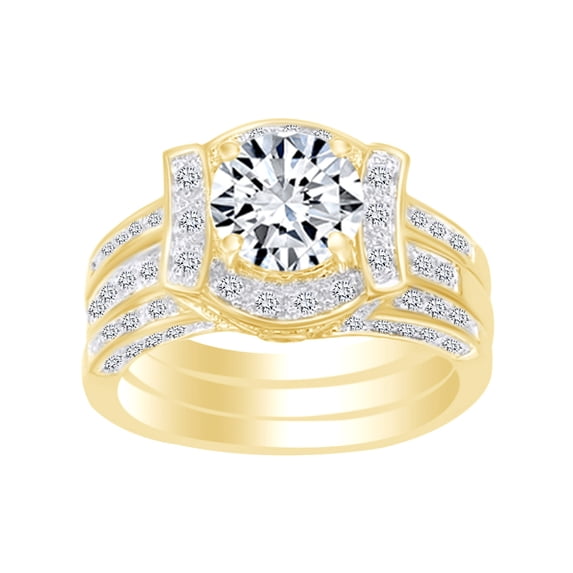AFFY Round White Cubic Zirconia Engagement Bridal Ring Set In 14k Yellow Gold Over Sterling Silver (2.37 cttw) Ring Size-13.5