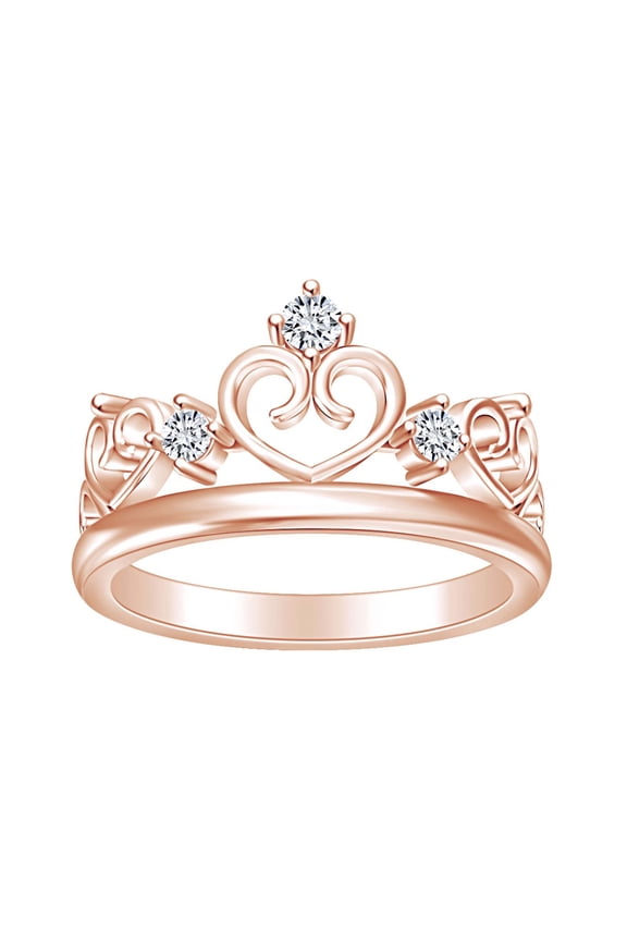 Round White Cubic Zirconia Heart Frame Princess Crown Engagement Ring In 14k Rose Gold Over Sterling Silver Ring Size-10