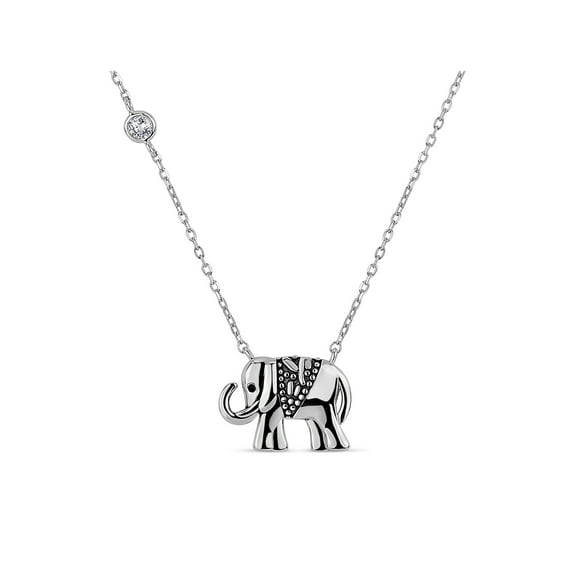 Round White Cubic Zirconia Sterling Silver Oxidized Two Sided Elephant Necklace, 20"