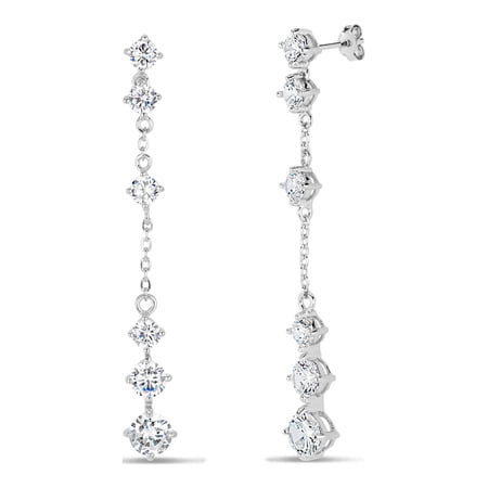 Round White Cubic Zirconia Sterling Silver Rhodium Plated Graduated Chain Linear Drop Earrings