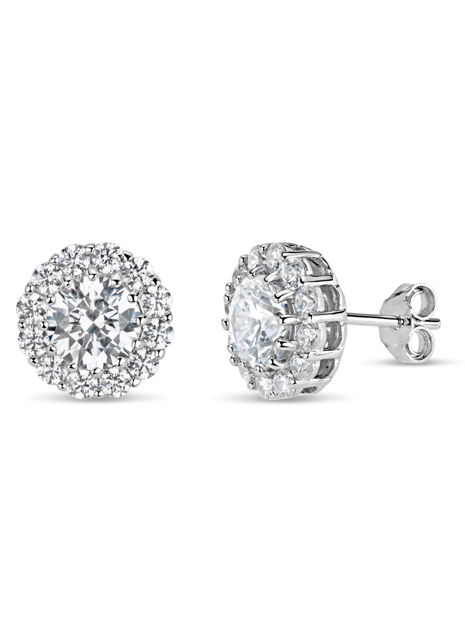 Round White Cubic Zirconia Sterling Silver Rhodium Plated Halo Stud Earrings