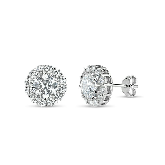 Round White Cubic Zirconia Sterling Silver Rhodium Plated Halo Stud Earrings