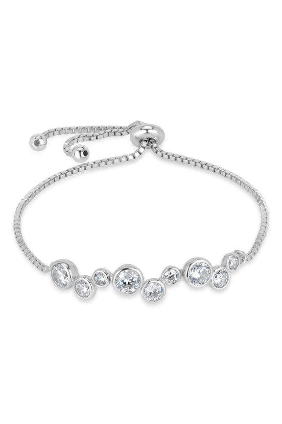 Round White Cubic Zirconia Sterling Silver Rhodium Plated Swirl Channel Set Adjustable Bolo Bracelet, 10"