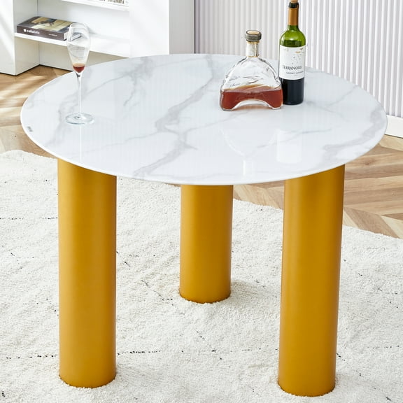 Round White Dining Table, Artificial Marble Glass Stickers, Golden Mdf Legs, Kitchen Dining Table, & Living Room Table 40" x 40" x 29.4" F-X03
